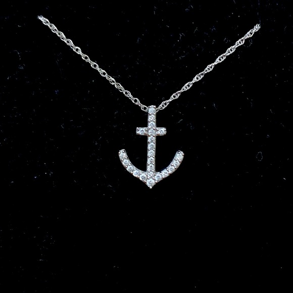 Diamond Anchor Pendant Necklace in 14K White Gold.